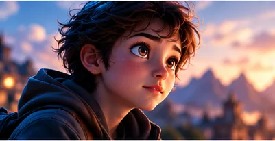 Animated hero gazing toward a fantastic world