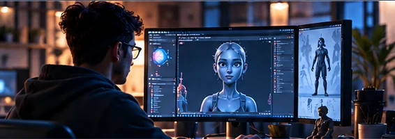 Artist developing a digital character at a workstation