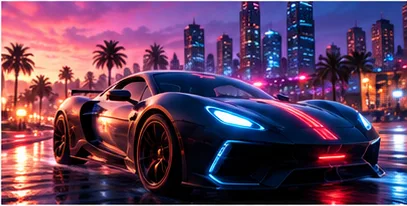 Futuristic sports car in a neon city